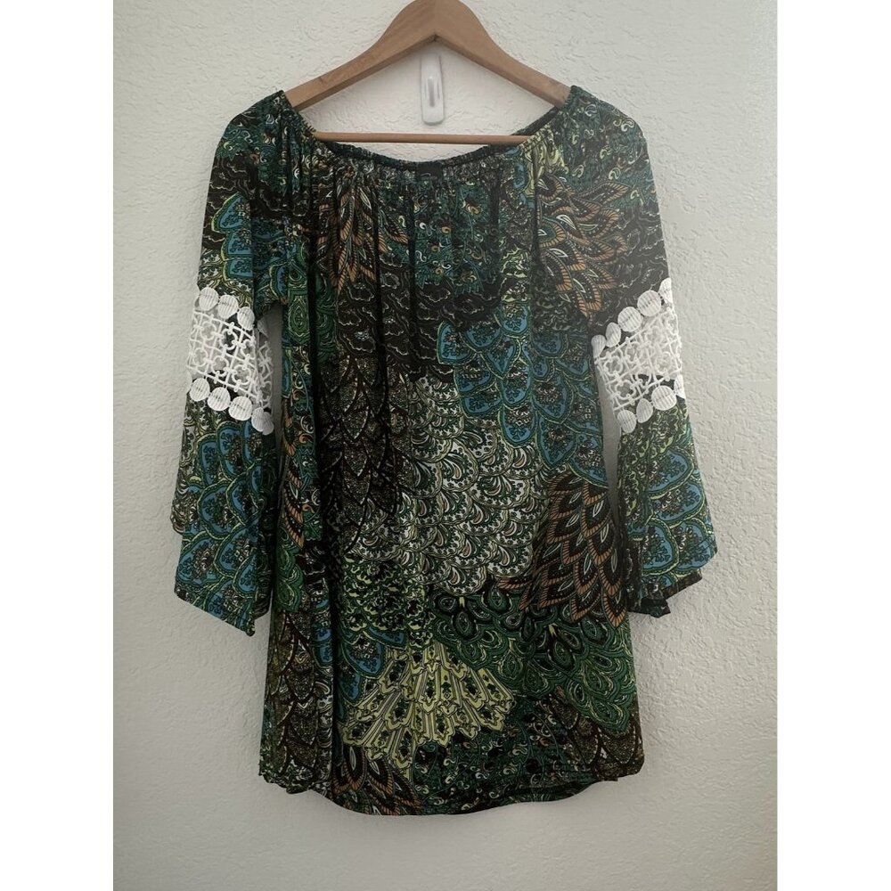 WinWin Tunic Womens Large XL Green Blue Paisley Pinwheel Sleeve Boho Peasant Top